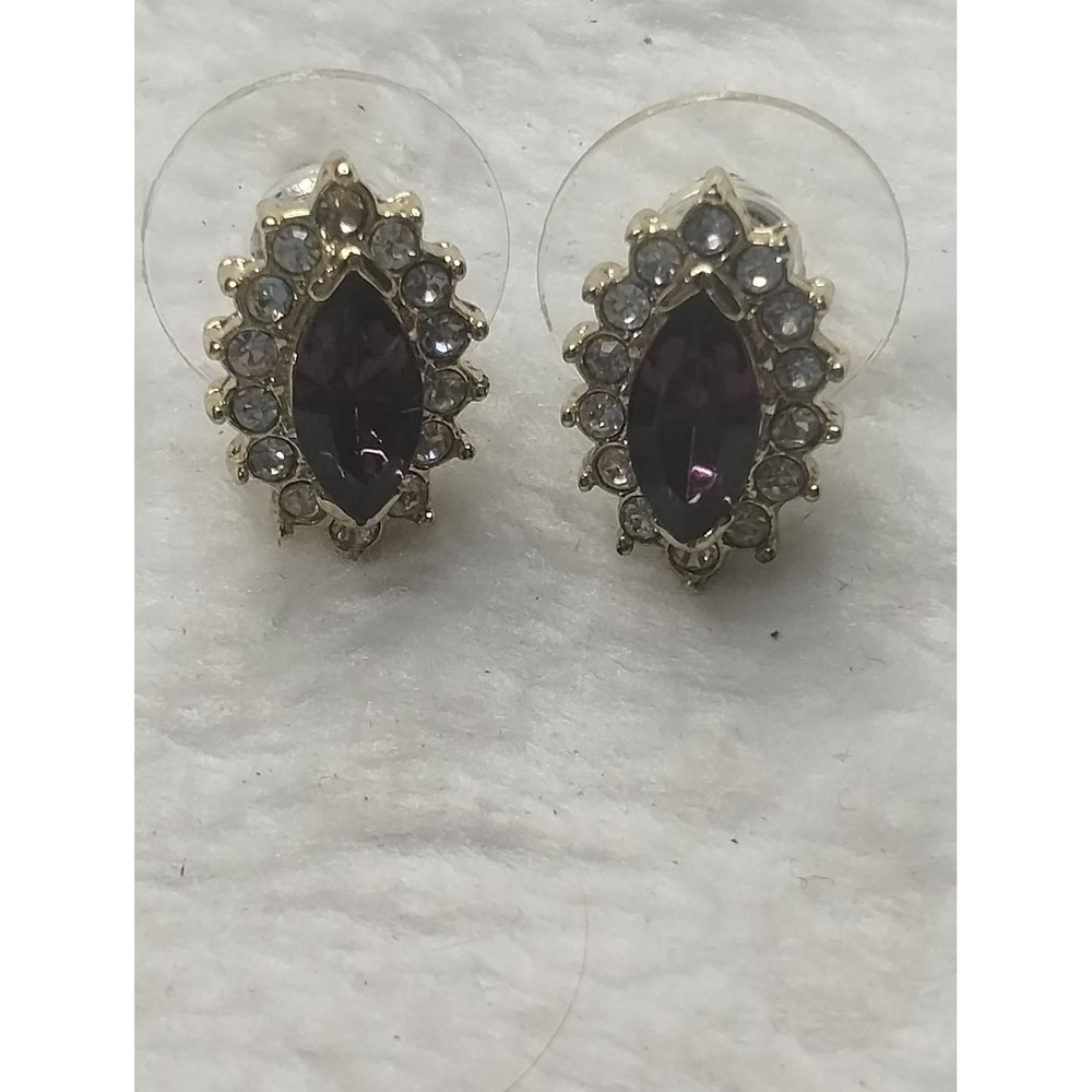 Vintage Gold Tone Purple Marquise‎ Rhinestone Halo Stud Earrings Evening Jewelry
